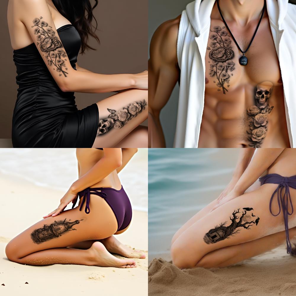 3pcs Temporary Tattoo Black And Grey Realism Horseshoe Desert Landscape Saddle For Men Adults Women