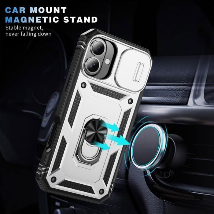 Coque de protection - Antichoc - pour iPhone 16 - Argenté - Rigide - Protège-caméra coulissant