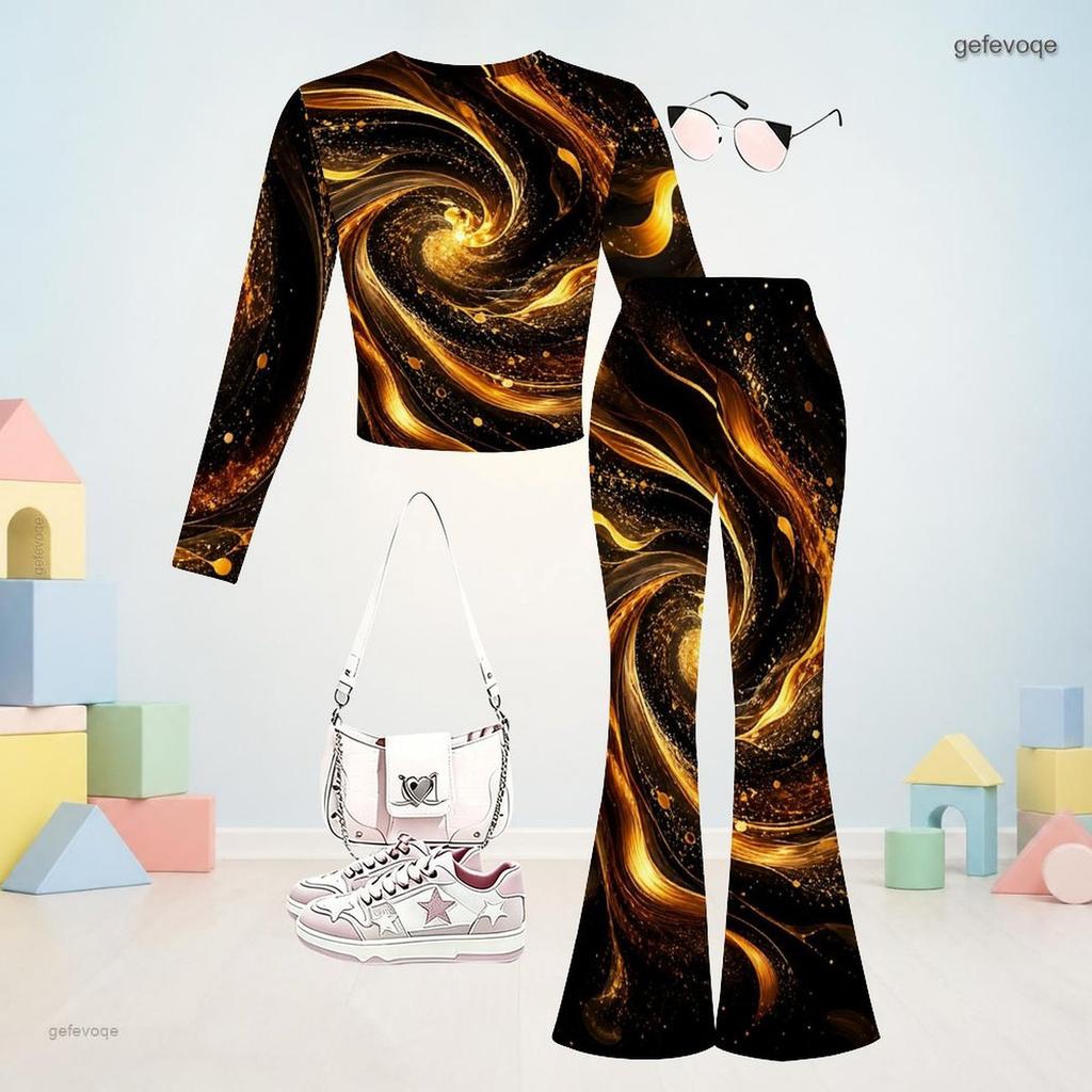Girls Round Neck Long Sleeve Glitter Swirl Printed Top Flared Pants Two Piece Set