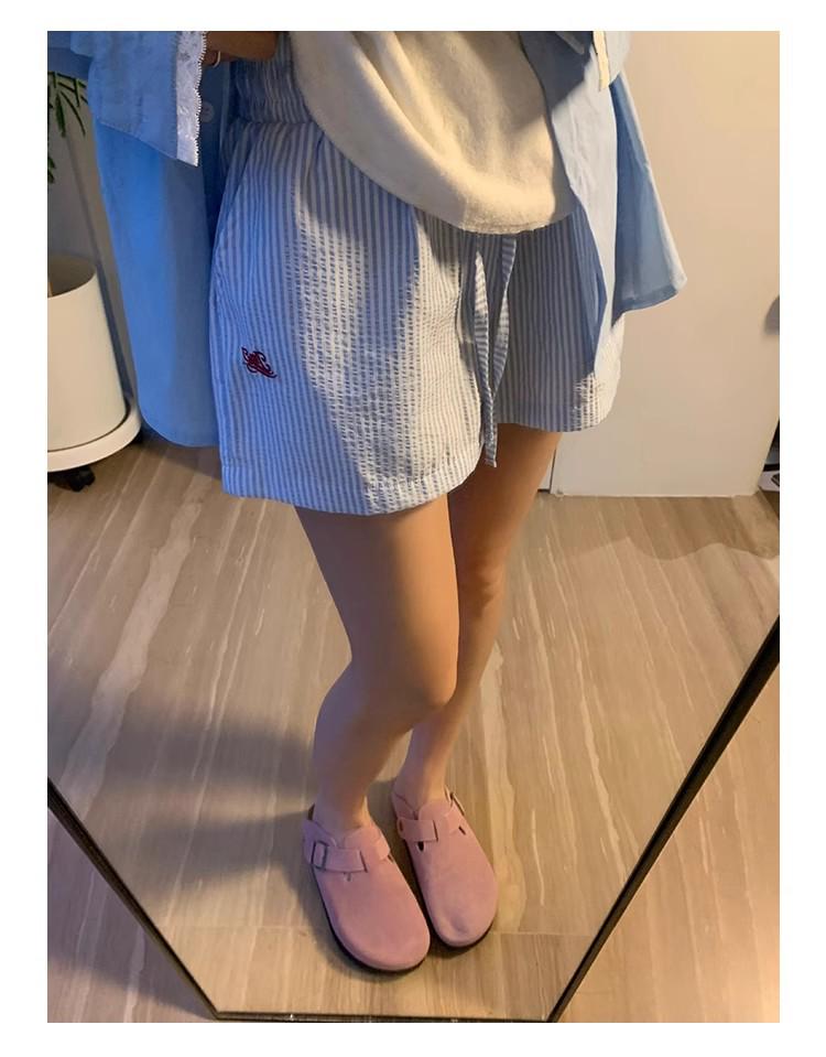 Hong Kong Style Striped Embroidered Drawstring Wide-Leg Shorts for Women - Casual, Versatile, and Lightweight