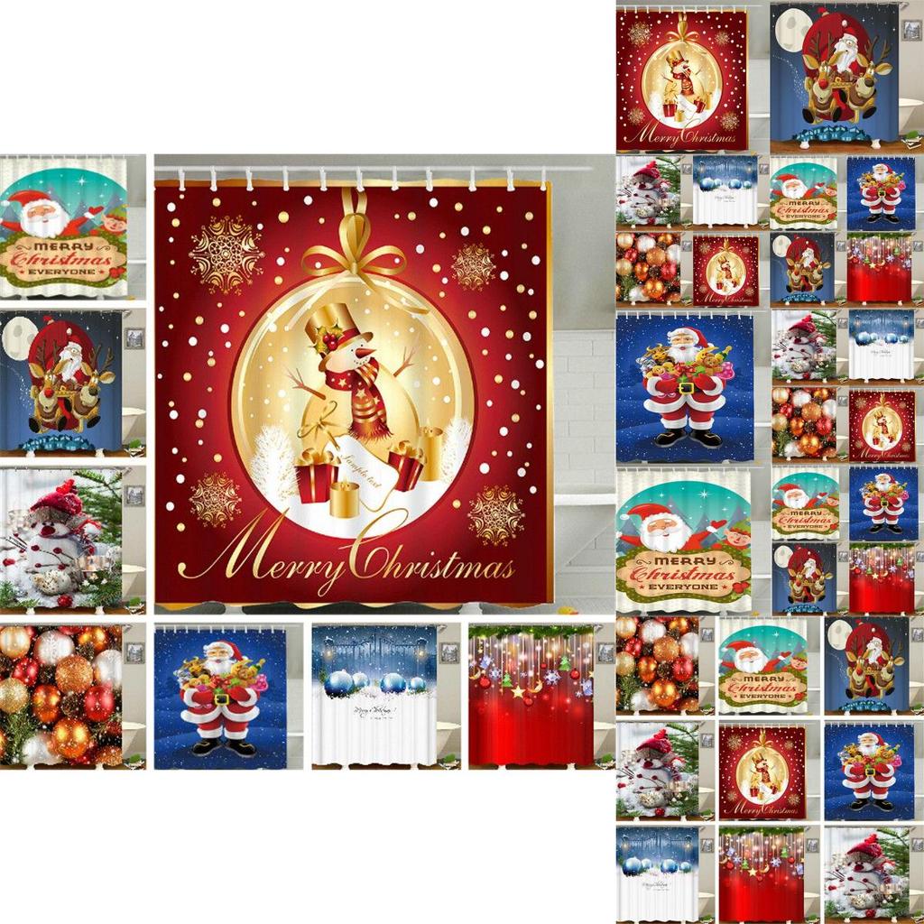 Charming Christmas Shower Curtain With Hooks Showcasing Santa Claus And Snowman For Your Bathroom