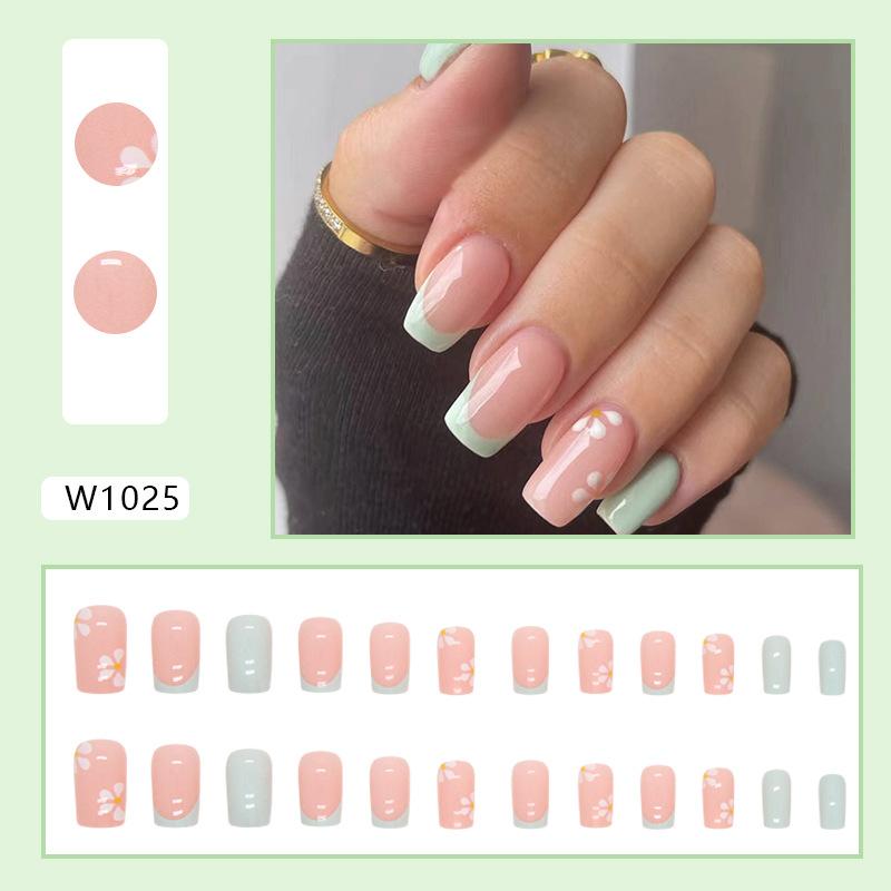 Средний и длинный европейский квадратный простой однотонный маленький свежий зеленый милый цветок летний маникюр носить накладной ноготь