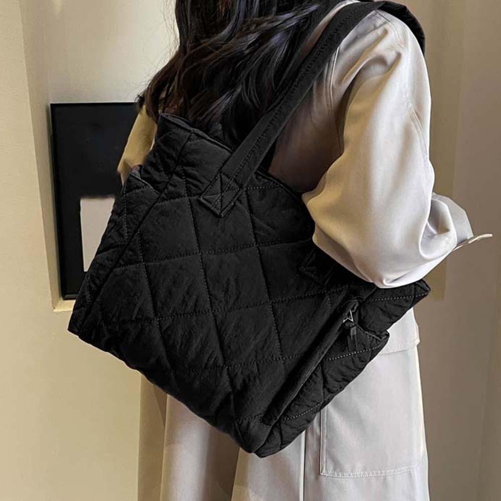Casual Large Capacity Quilted Cotton Tote Bag Soft Solid Color Lingge Shoulder Bag Portable Thickened Commuting Handbag Travel