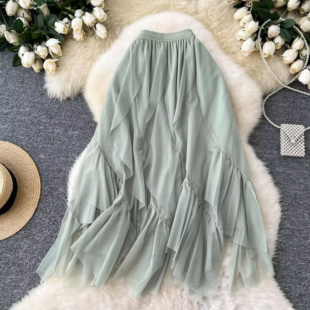 Letní Dámská Elegantní Sukně s Vysokým Pasem, Volánky, Síťovaná, Dlouhá Midi, Nepravidelná Tylová