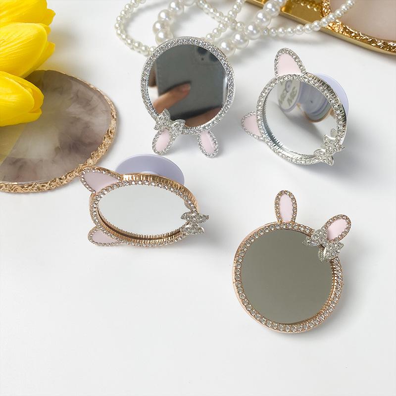 Paste Type Foldable Mobile Phone Tablet Desktop Airbag Mirror Bracket Cosmetic Mirror Diy Rhinestone Rabbit Ears Korean