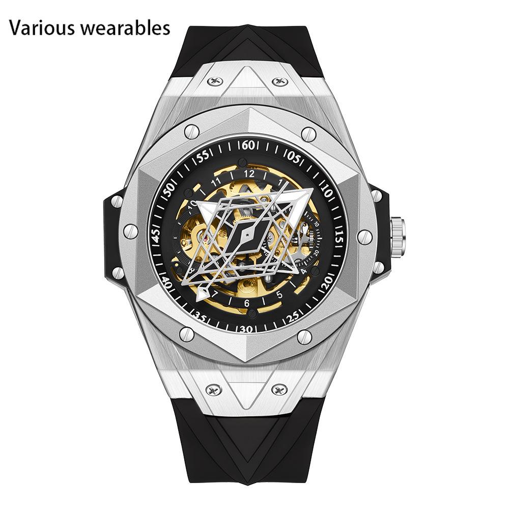 Automatische Mechanische Quarz Hohl Geometrische Uhr Modetrend Coole Herrenuhr Silikonuhr