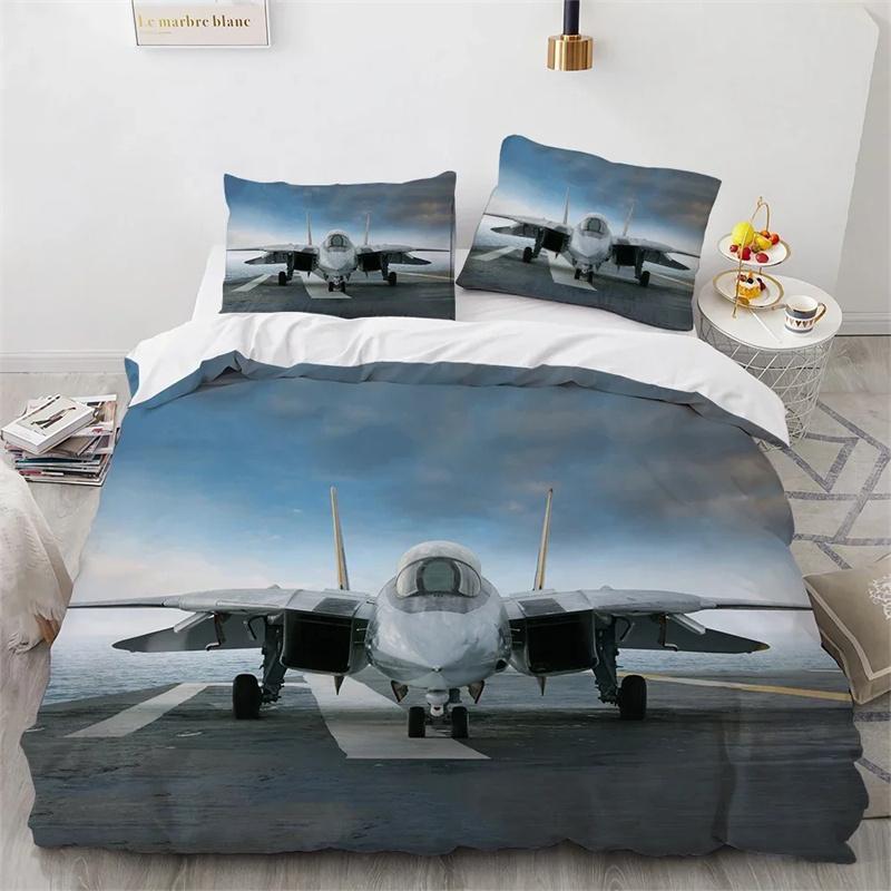 Fighter Plane King Queen Duvet Cover Military Aircraft Theme Bedding Collection Kids Boys Men Sunset Airplane Polyester Comforter Cover