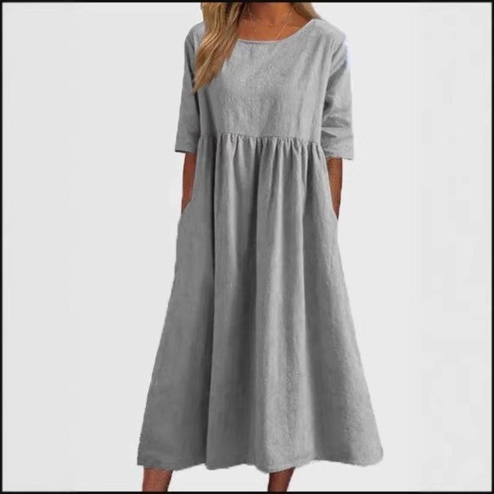Summer Cotton and Linen Casual Short-sleeved Pleated Loose Round-neck Women's Dress