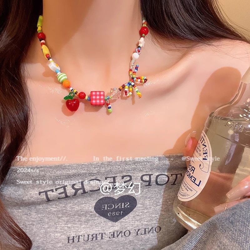 "Apple Paradise" Dopamine Color Children's Fun Animal Beaded Necklace New Light Luxury Summer Clavicle Chain