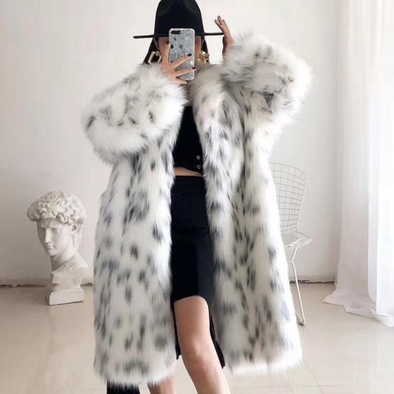 Cappotto Lungo da Donna in Ecopelliccia Maculato Bianco Nero Vestibilità Larga Caldo Capospalla Invernale