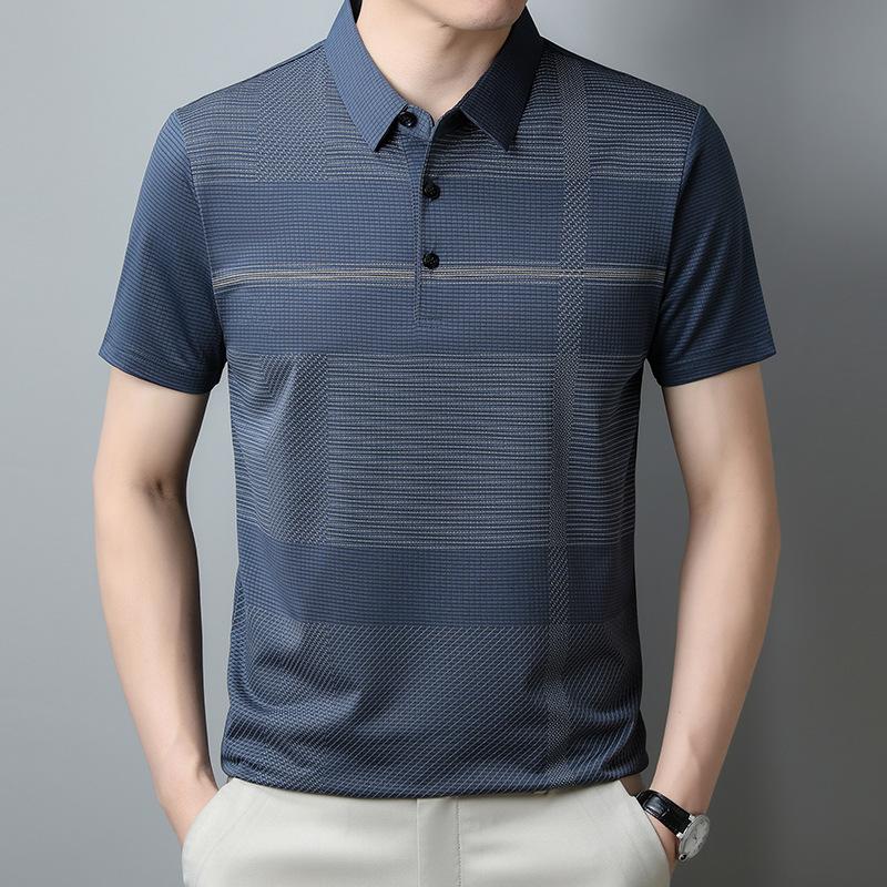Men'S High Elastic Short Sleeve T-Shirt Thin Loose Dad Stripe Printed Polo Shirt Top