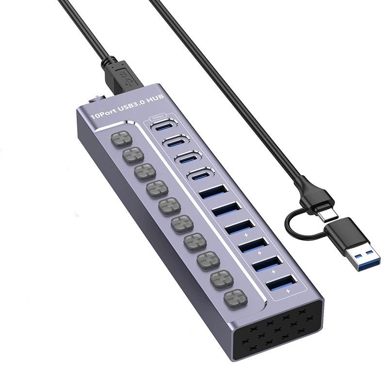 10-Port USB 3.0 Hub with Switch, Charging Type-C Port, One-to-Ten Splitter