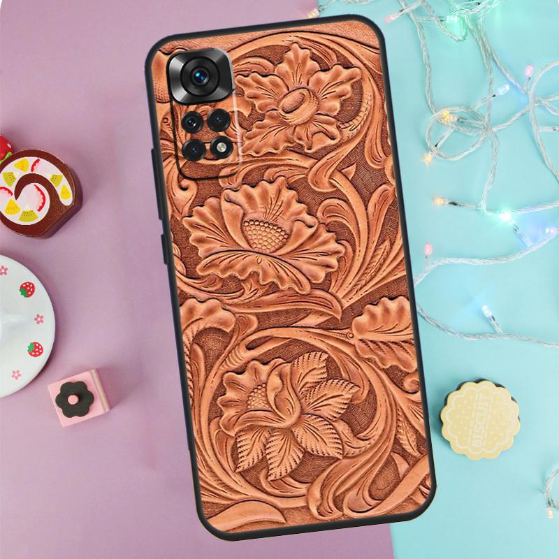 Brown Hand Tooled Western Case For Xiaomi Redmi Note 14 13 12 11 10 9 Pro 9S 10S 11S 12S Redmi 10C 12C 13C 14C Cover
