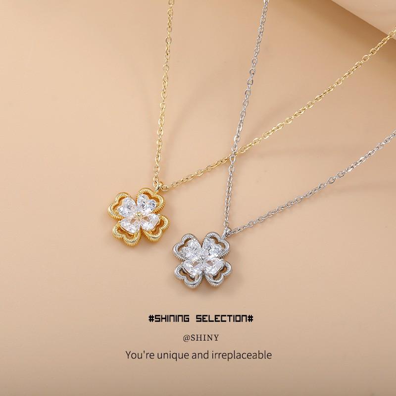 Copper Earring Necklace Set With Full Zirconia Clover Charm Hypoallergenic Plated Jewelry Women