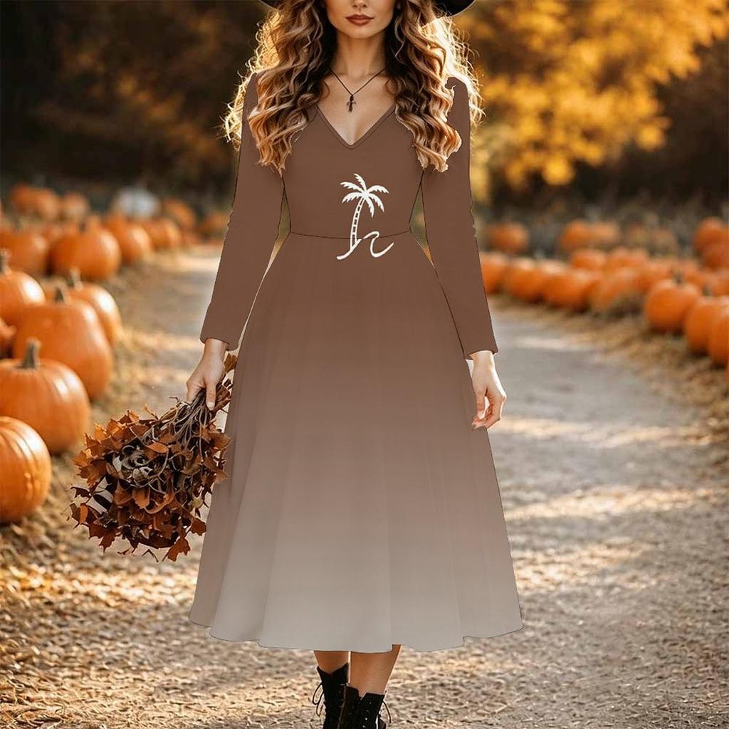 Halloween Women's Gradient Solid Print Midi Dress A Line Dress Vacation Casual Daily Regular Fit  Long Sleeve V Neck Black  Spring Fall