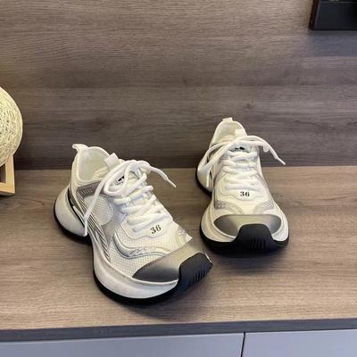 Skórzane sportowe buty typu 'daddy' damskie wiosna 2024 nowe siateczkowe oddychające na grubej podeszwie typu 'muffin' modne sneakersy do biegania