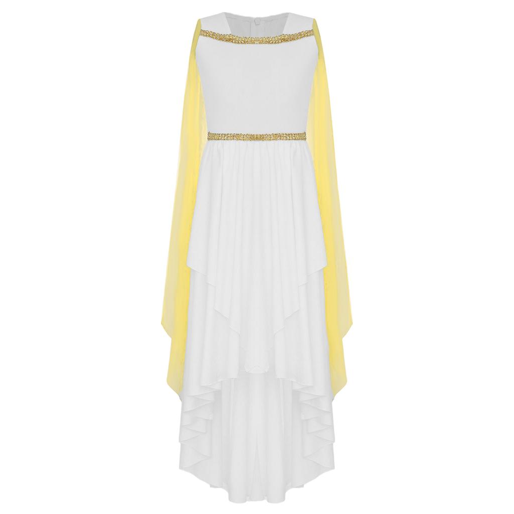 Girl Halloween Ancient Greek Toga Costume Sleeveless Shawl Patchwork Flowy Dress Ancient Rome Egypt Princess