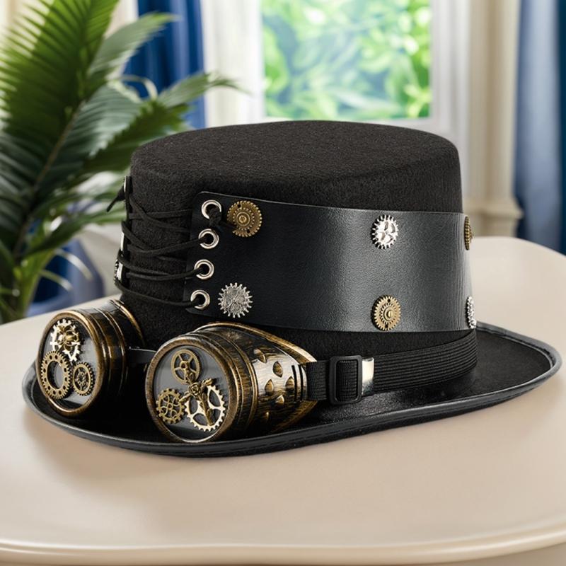 Victorian Industrial Cosplay Hat with Removable Goggles PU Leather Headwear For Adult Men Women Stage Performances