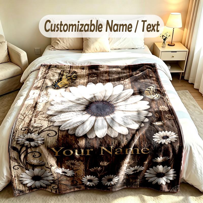 Floral Garden Theme Soft Blanket Personalized Custom Name Text Print Warm Blanket Home Sofa Bedroom Decor