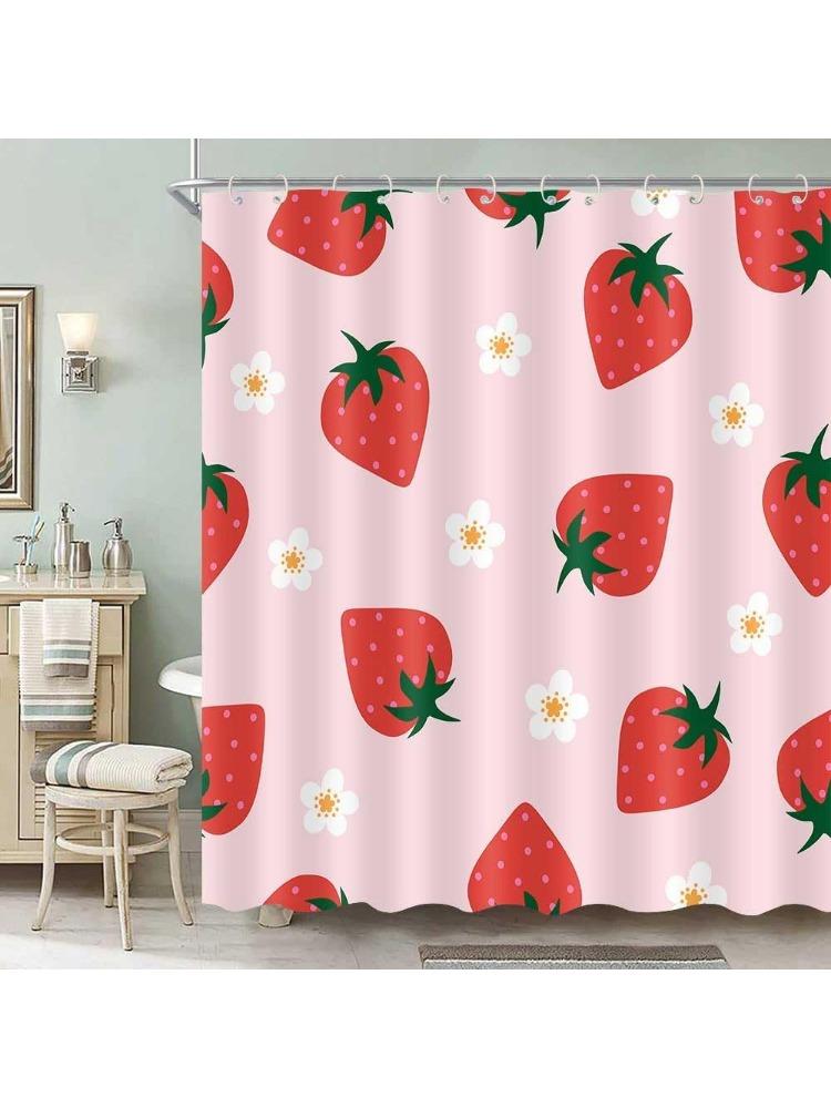 

Cute Strawberry Shower Curtain Modern Aesthetic Light Pink Shower Curtain Flower Fruit Polyester Fabric Shower Curtain Bathroom W60H190(CM)-1 Pcs