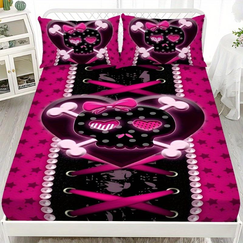 

1pc Fitted Sheet Pink Purple Skull Heart 3D Print 100% Polyester Cover Breathable Bedding Set Home Decor without Pillowcases 99x190x25cm
