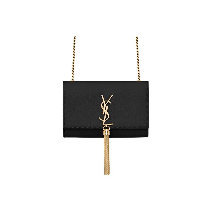 Saint Laurent Ysl Kate Gold Logo Grainy Embossed Leather Tassel Chain Shoulder Bag Small Women Bags Black 474366-BOW0J-1000