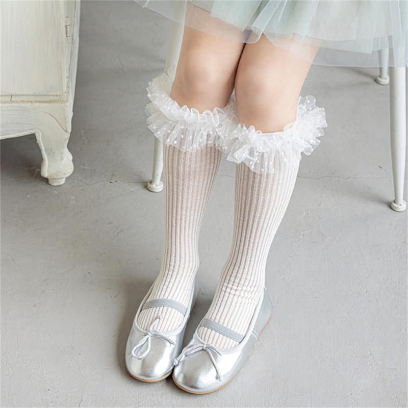 Sweet Style Mesh Dress Socks with Decorative Edge Accent for Toddler Girls Formal Event Under Knee Length Stockings