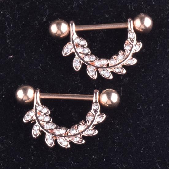 1Pc Women Rhinestone Inlaid Leaf Barbell Nipple Ring Body Piercing Jewelry Gift