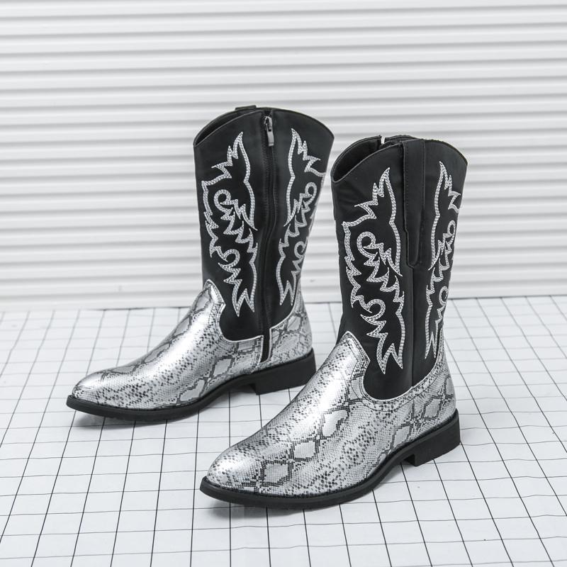 Fashion New Retro Fashion Men Boots Head Snake Skin Patent Leather Winter Shoes Embroidered Western Cowboy Boots Footwear Plus Size