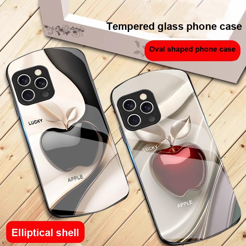 Glücklicher Schwarzer Apfel Für IPhone 16 Pro Max 15 Pro 14 13 12 Mini 11 XS Max XR 7 8 Plu SE 2022 Elliptische Glas-Handyhülle