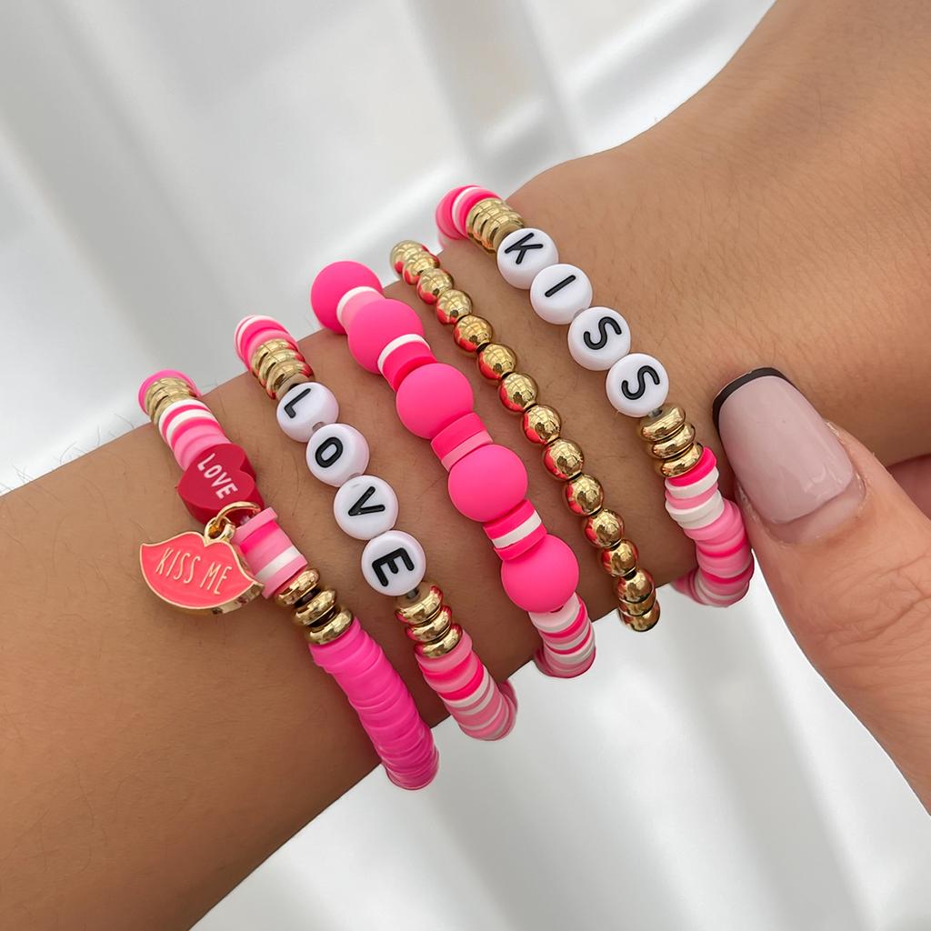 Salircon 5pcs/set Trendy Peach Heart Lips Charm Bracelet for Women Romantic Pink Red Soft Ceramic Bracelet Valentine's Day Gift