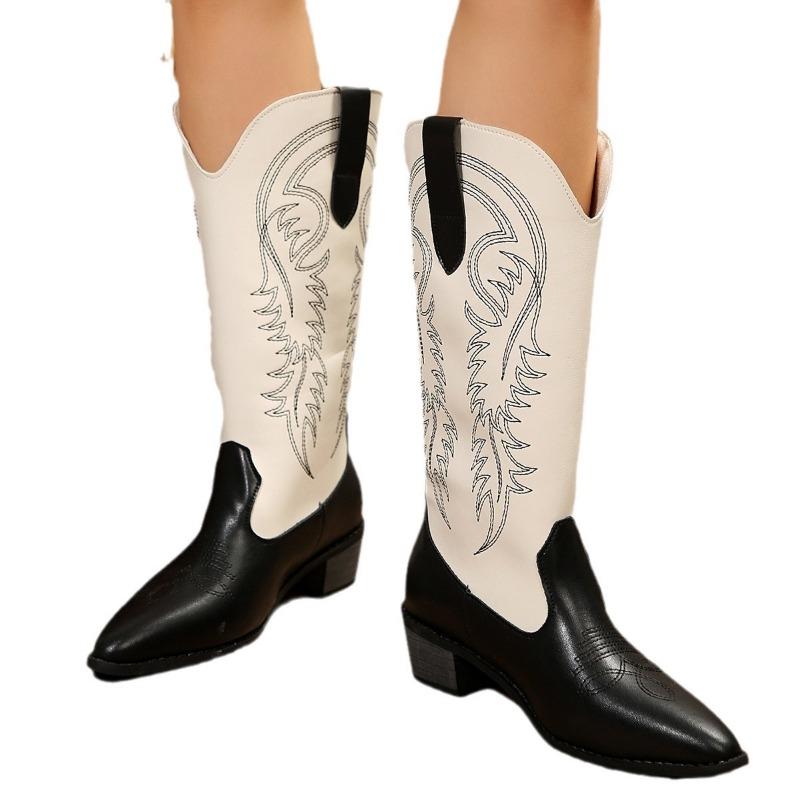 Western Cowboy Boots Women's Coarse Heel Autumn and Winter Embroidery Skinny Medium Heel Boots Medium Heel Pointed Color Matching Knight Boots