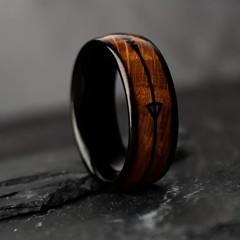 Fashion 8mm Black Stainless Steel Arrow Rings For Men Hawaiian Koa Wood Inlay Rings Men Wedding Band Jewelry Wholesale