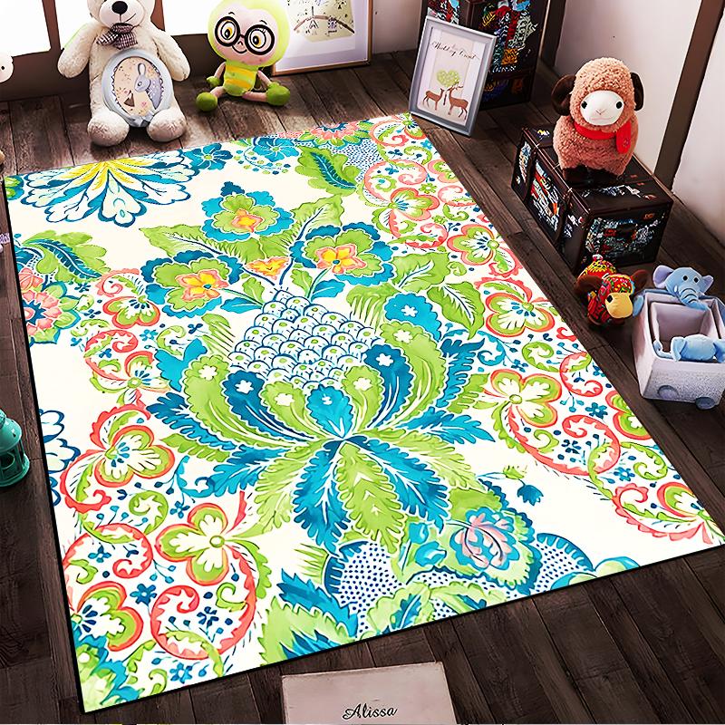 Floral Pattern Carpet with Vibrant Green Blue Red Design, Modern Style Suitable for Use As an Anti-slip for Living Room Bedroom Sofas