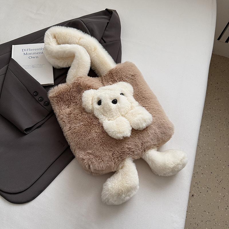 2025 Autumn New Fashion New Tote Plush Women's Bag Simple Shoulder Portable Bear Girlish Handbag Bag