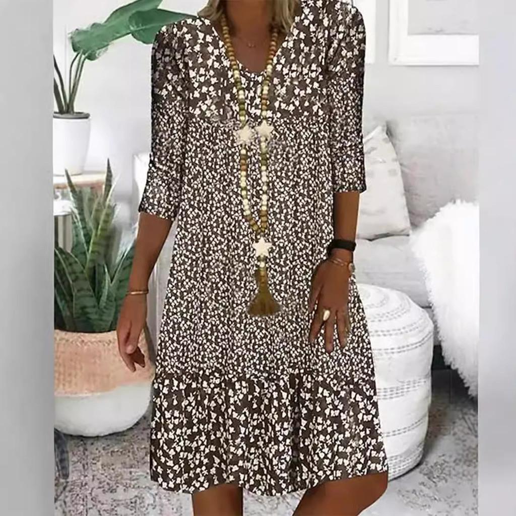 Summer Womens 3d Printed Polyester Vneck Midi Dress With Short Sleeves For Casual Wear