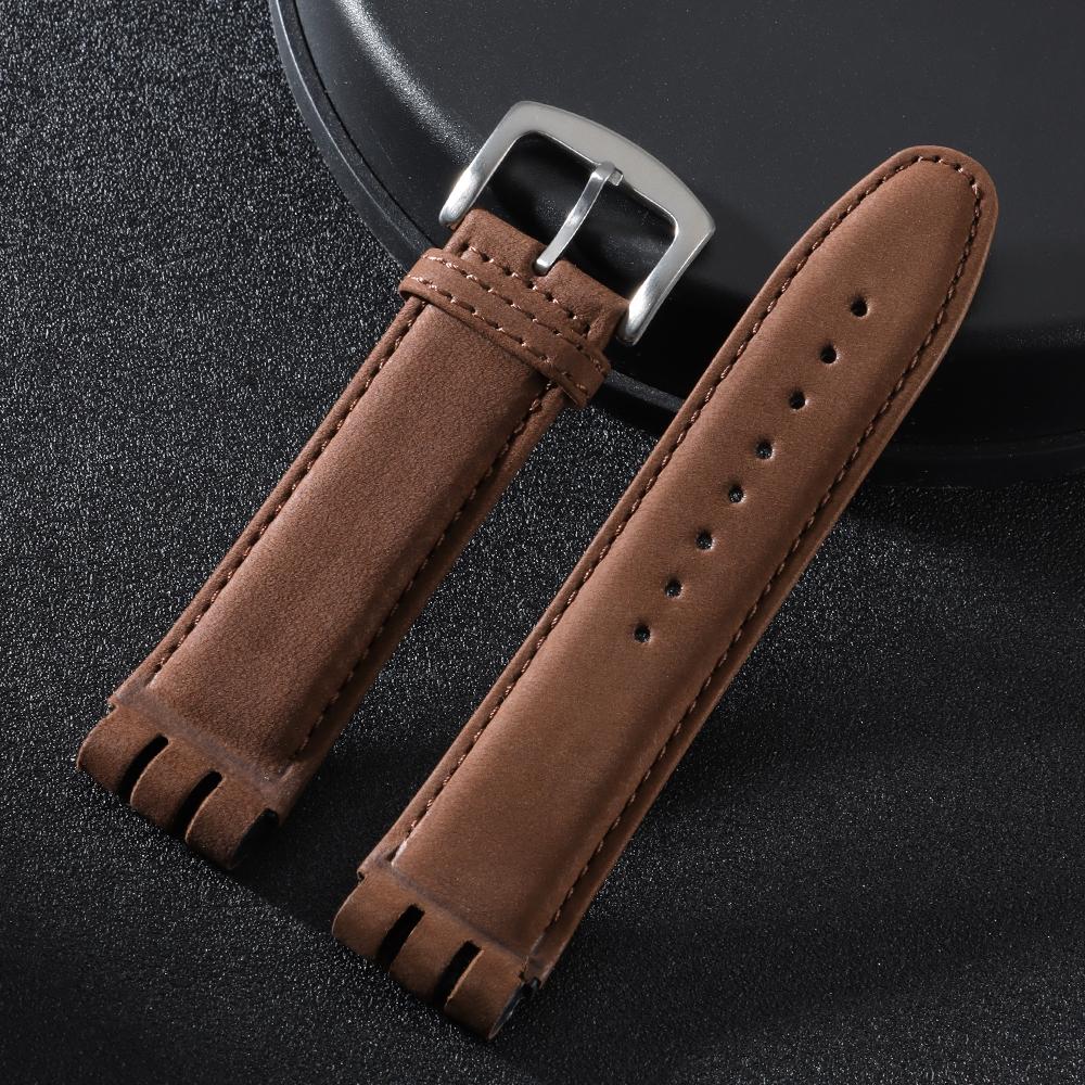 Matte Genuine Cowhide Watch Band for Swatch YOS440 449 401 447 Bamboo Embossed Leather Watch Strap for Men Business Wristband