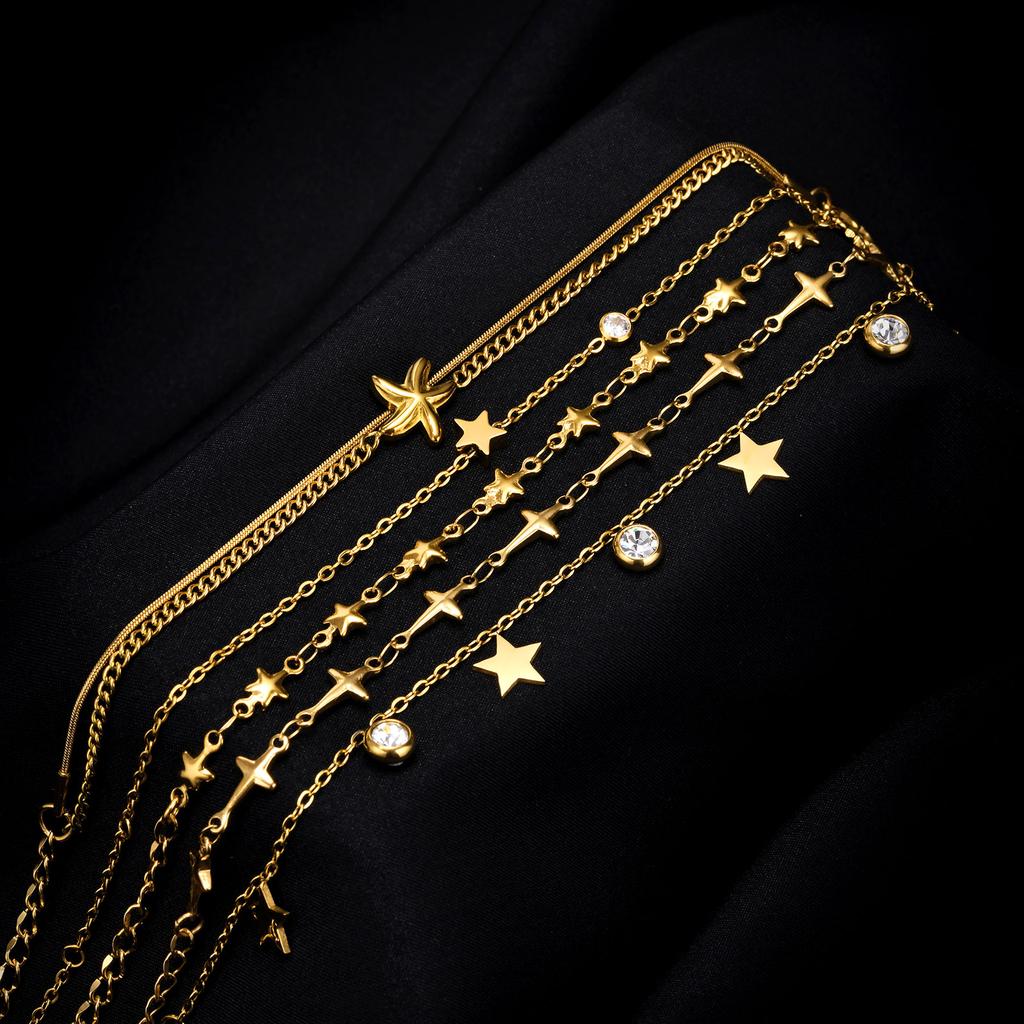 Stainless Steel Four-Pointed Star Chain Bracelet for Women,Double Layered Starfish Bracelets, Fashion Jewelry Mother's Day Gift
