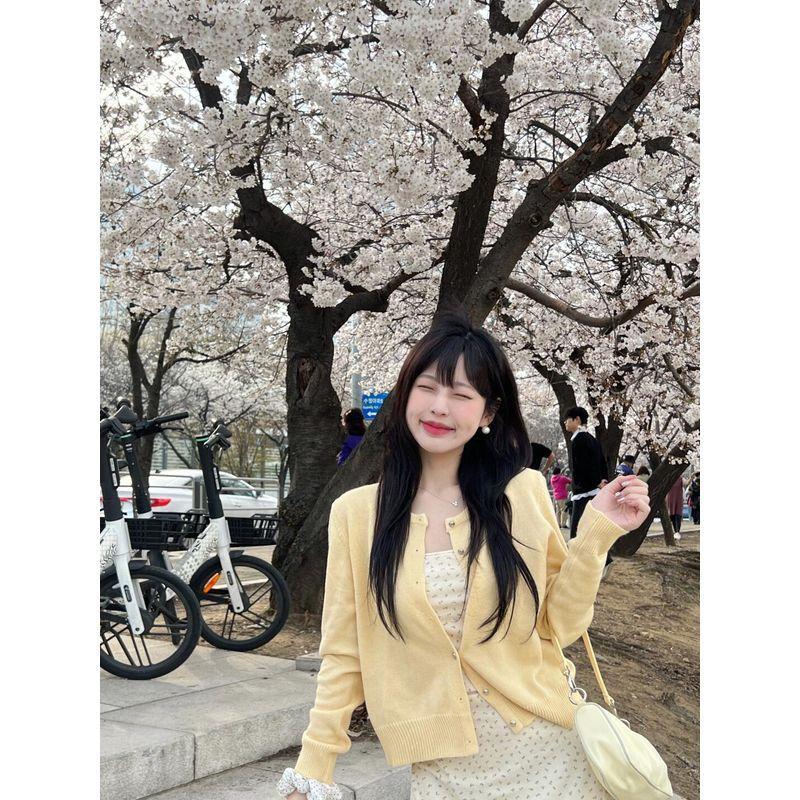 

Yellow Short Soft Glutinous Knit cardigan Women 2025 Spring Korean Series Chic Chic Wear Small Sweater Outerwear Yellow M