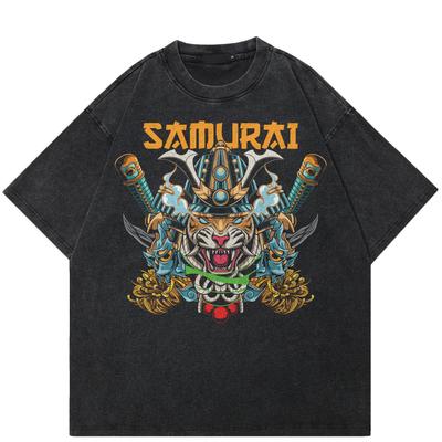 Streetwear Samurai Graphic Unisex T-Shirt Cotton Washed Black Tshirt Unisex Tops Tees Summer Short Sleeves T Shirt