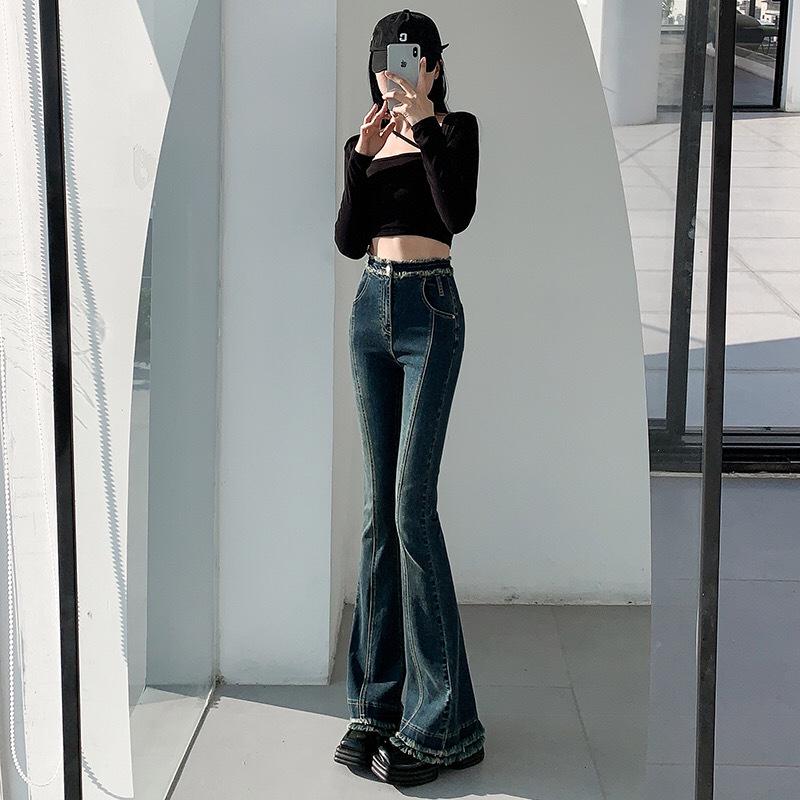 

High-Waist Raw Hem Flare Jeans: Retro Slimming Spring/Summer 2024 Collection 2XL