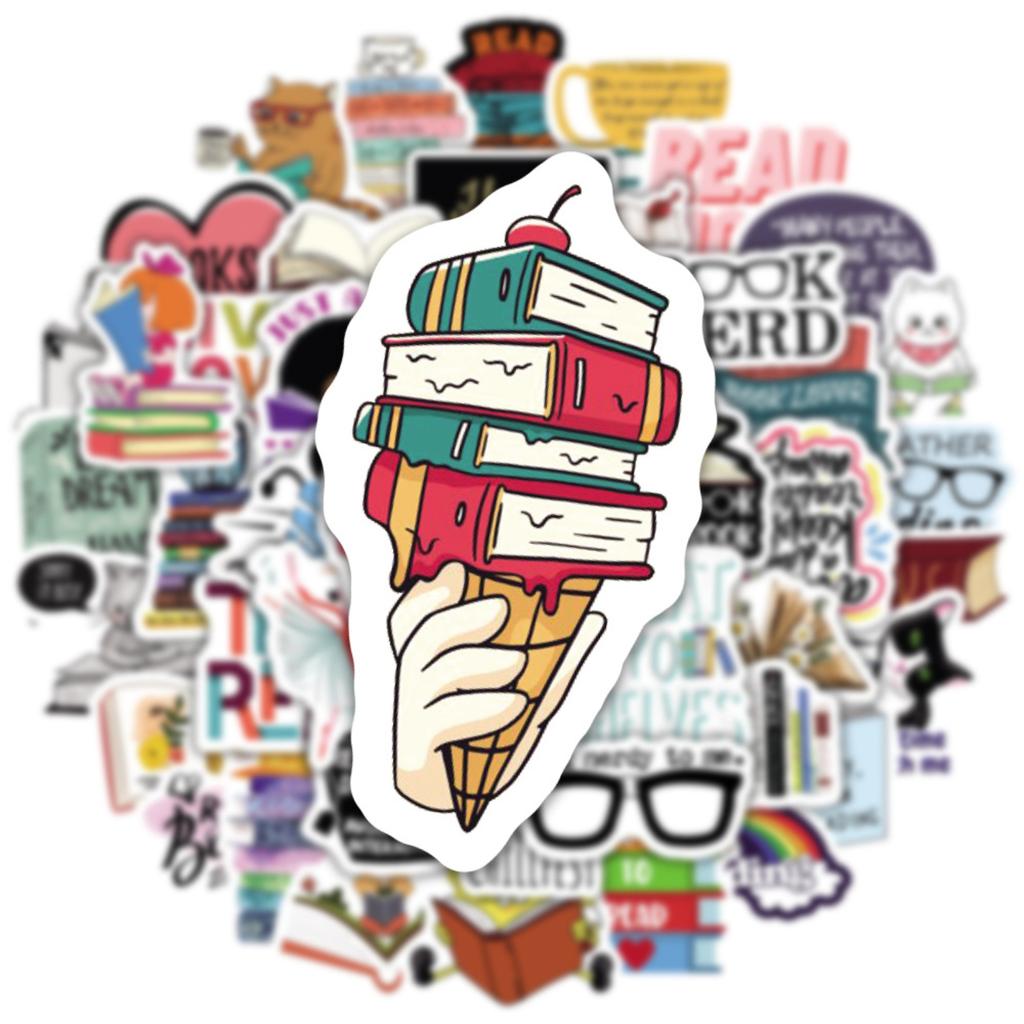50pcs Reading Stickers Book Lover Cartoon Characters Waterproof DIY Decorative Stickers for Water Bottles Cars Laptops Scrapbooking