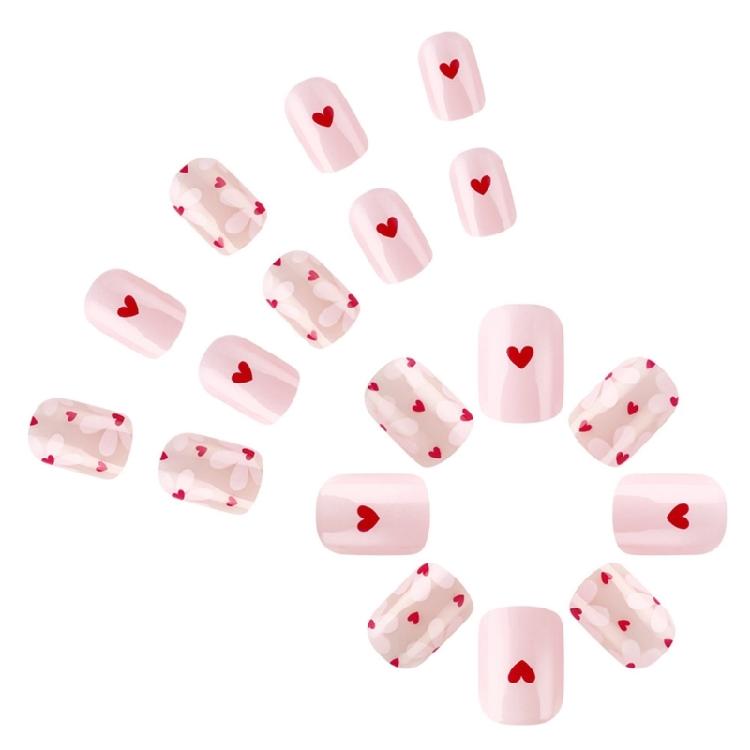 24 Pcs Short False Nail Love Heart Full Cover Stick on Nail Valentines Day Artificial Nail Press On Nail for Women