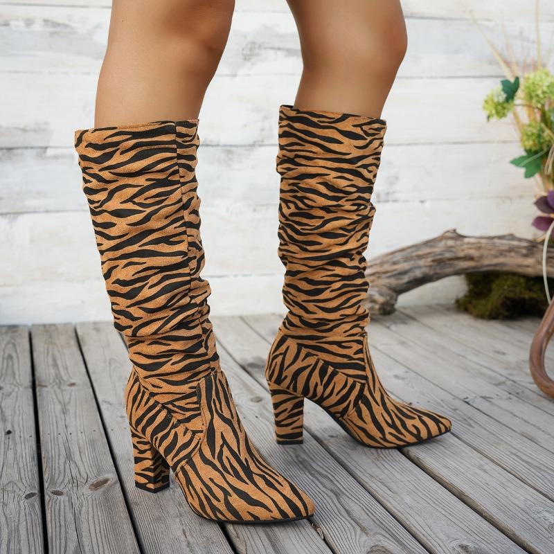 Wind New Pointed Zebra Pattern Thick Heel But Knee Boots Sleeve Large Size Super High Heel Trendy Women's Boots