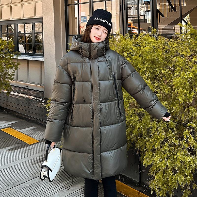 New loose hooded medium and long glossy leave-in cotton-padded clothes women's thickened cotton jacket jacket trendy