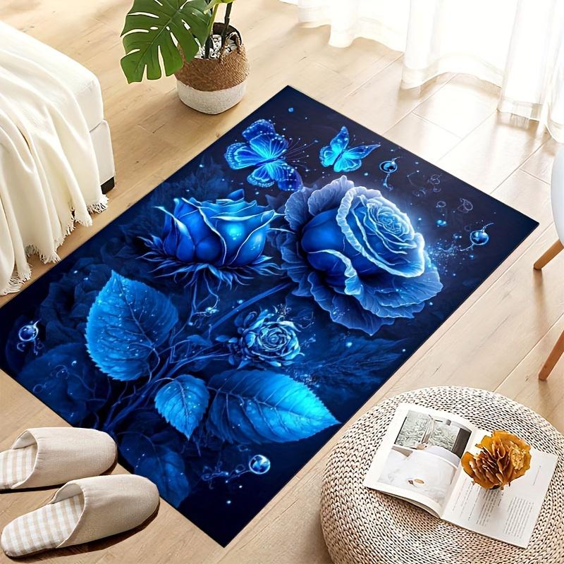 Blue Rose & Butterfly Non-Slip Area Rug - Soft Washable Mat for Living Room Hallway Bathroom Decor, Floral Floor Cushion