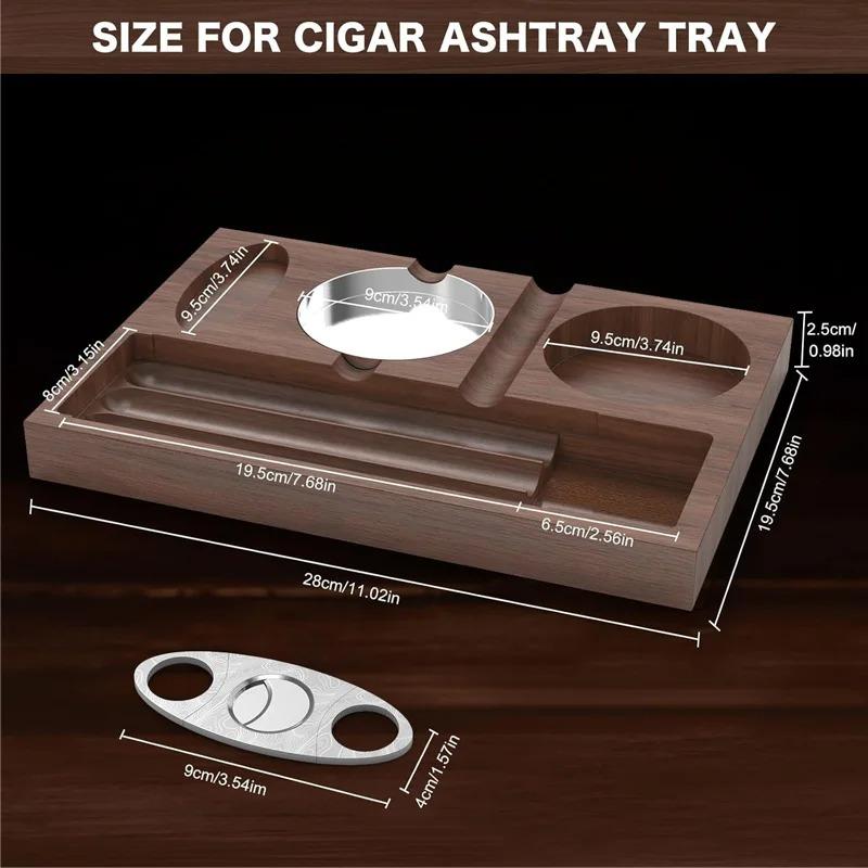 Luxury Wooden Cigar Ashtray Set with Cutter and Whiskey Glass Holder, Portable Walnut Cigar Tray for Men, Father's Day Gift