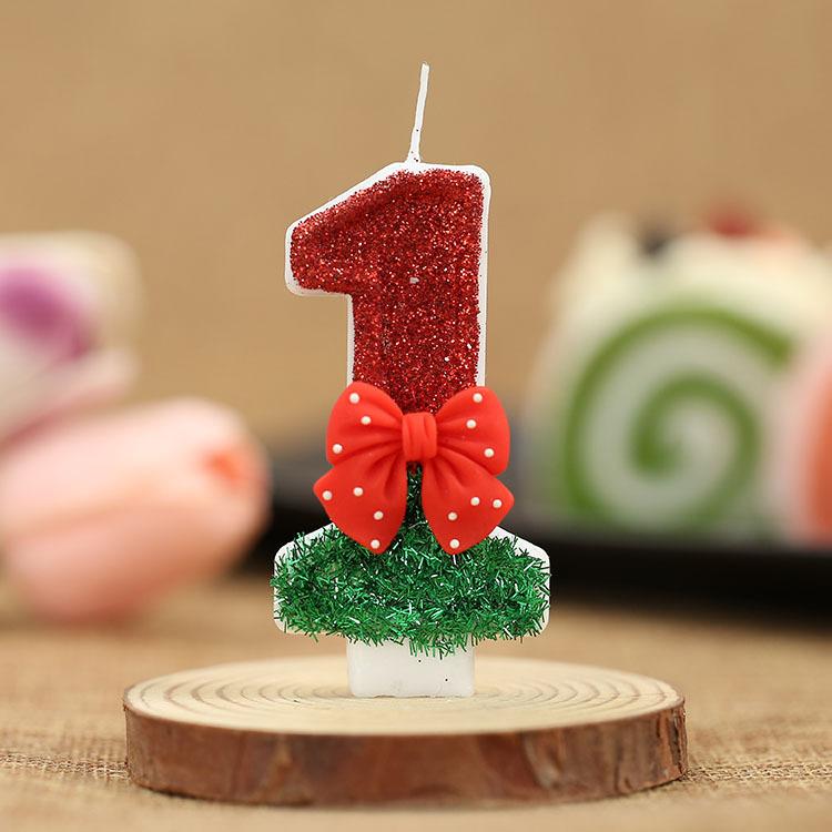 1PC Fashion Red Bow Party Supplies 0-9 Number Cake Decor Christmas Theme Birthday Candles