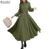 ZANZEA Women Stand Collar Long Sleeve Casual Full Flared Dress