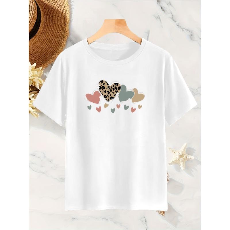 European Size Women'S Leopard Print Heart Pattern Short-Sleeved T-Shirt | Vibrant Color Print, Casual Round Neck, for Spring and Summer, Everyday Wear